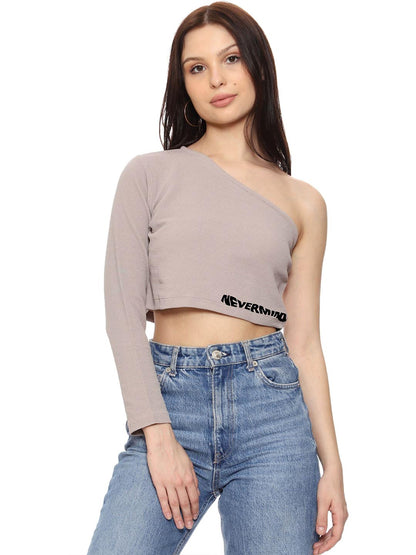 SXV Never mind printed Beige One Shoulder Crop Top