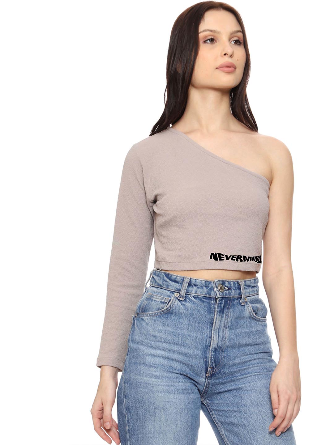 SXV Never mind printed Beige One Shoulder Crop Top