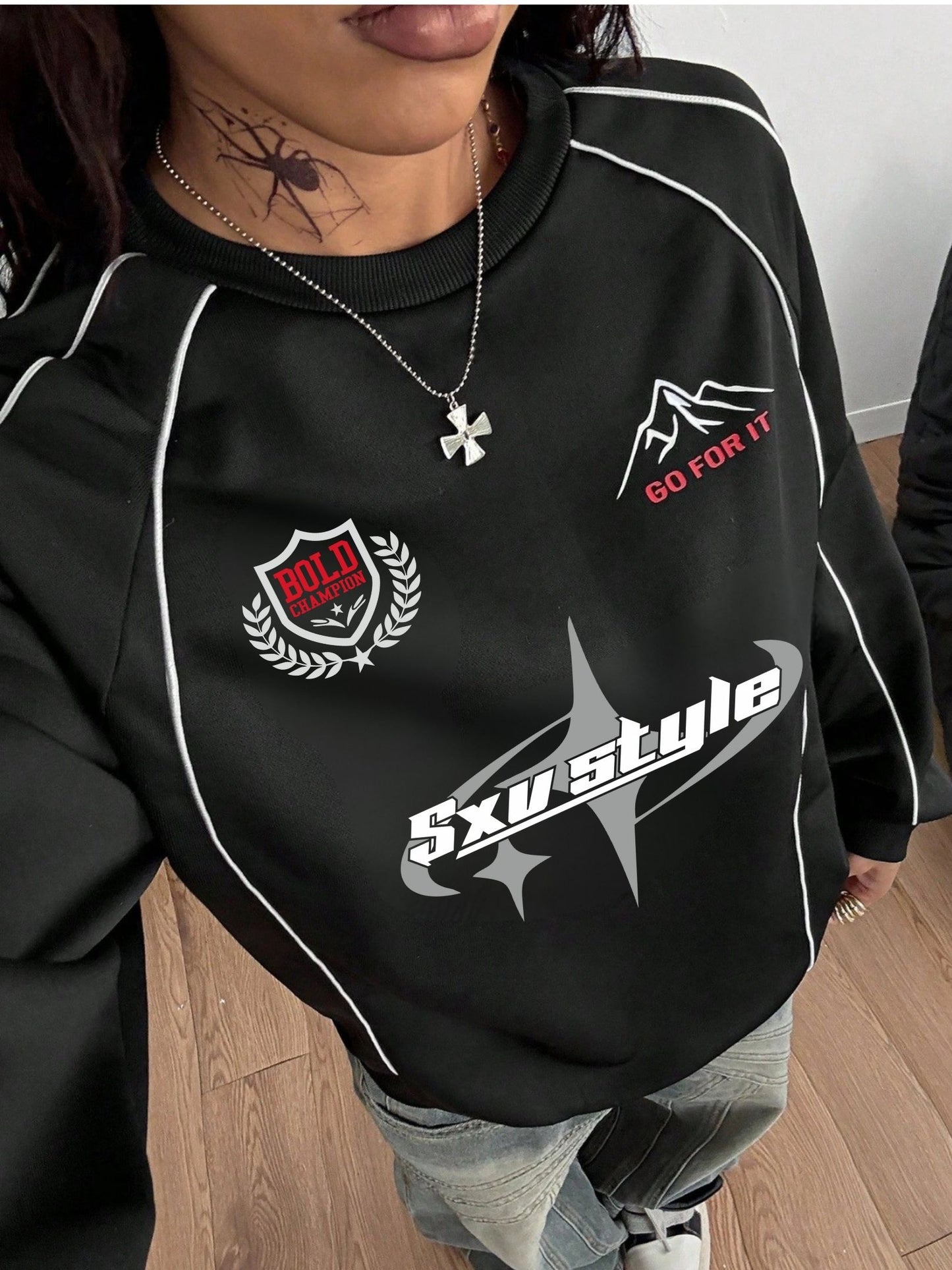 SXV  'GO FOR IT’ Printed Cool Aesthetic Drop Shoulder Oversized Baggy Sweatshirt