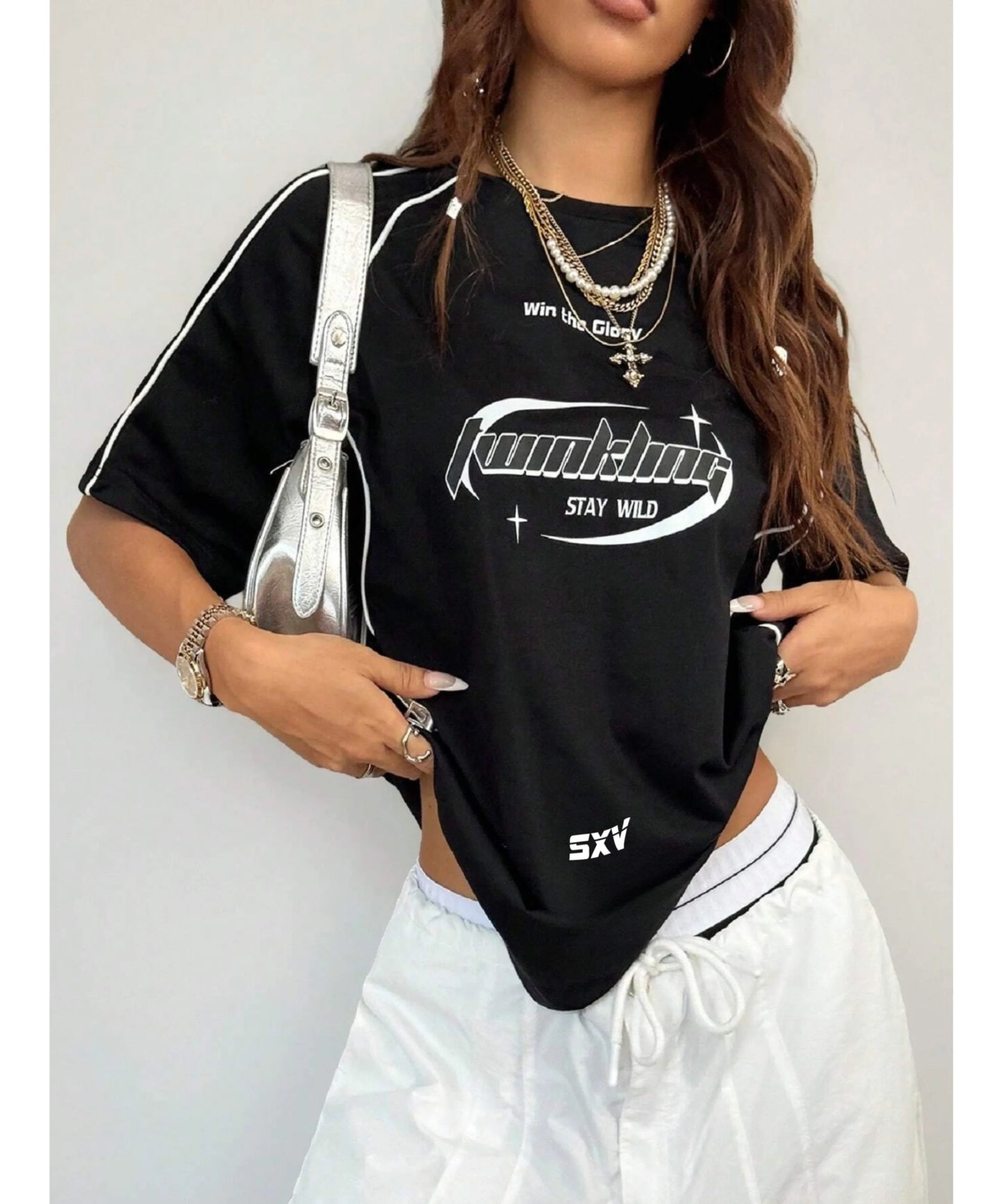 SXV Stay wild Women's Street-Style Y2K Cool Event Letter Printed Color-Blocked Short Sleeve Black T-Shirt