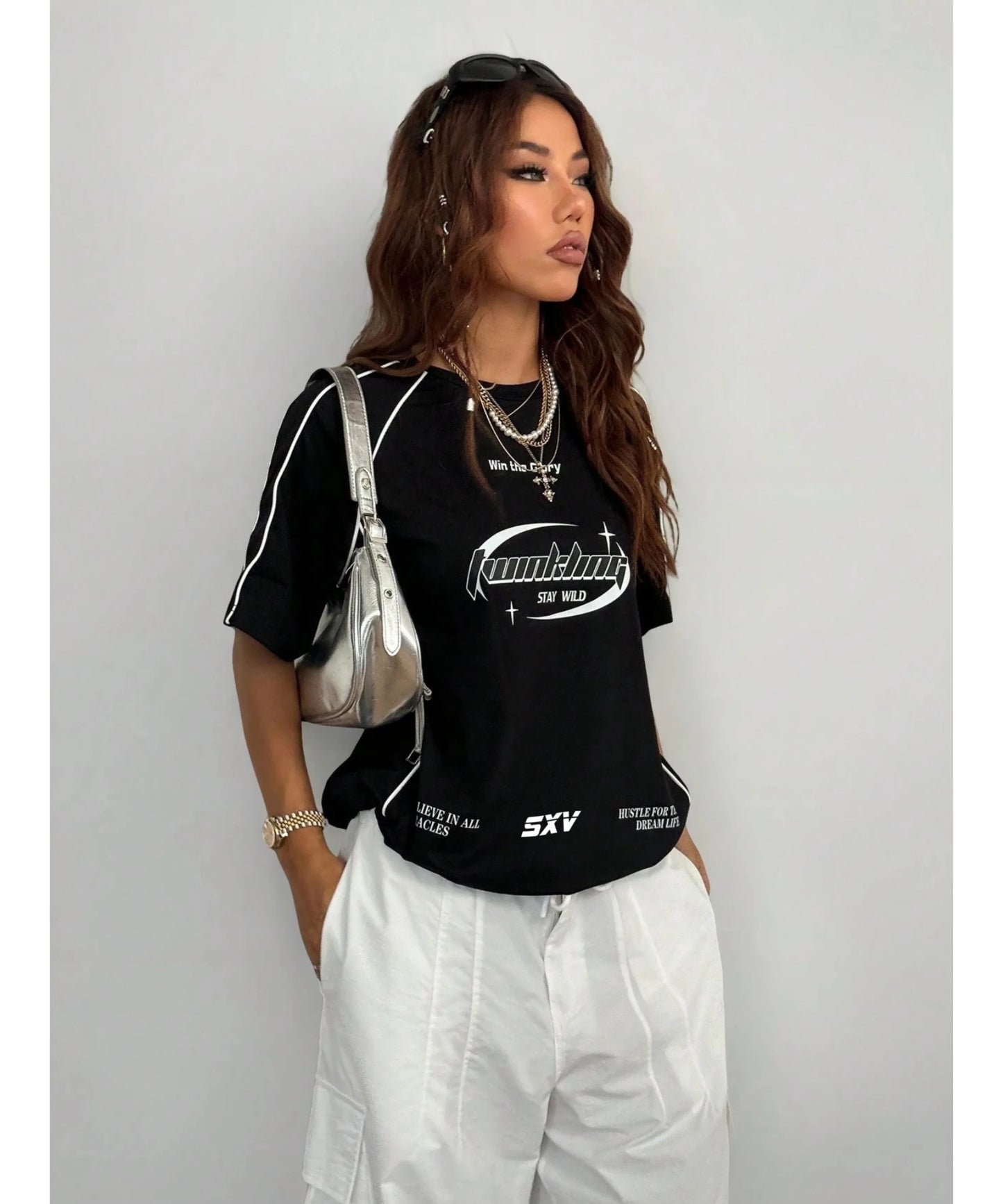 SXV Stay wild Women's Street-Style Y2K Cool Event Letter Printed Color-Blocked Short Sleeve Black T-Shirt