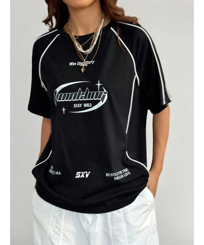 SXV Stay wild Women's Street-Style Y2K Cool Event Letter Printed Color-Blocked Short Sleeve Black T-Shirt
