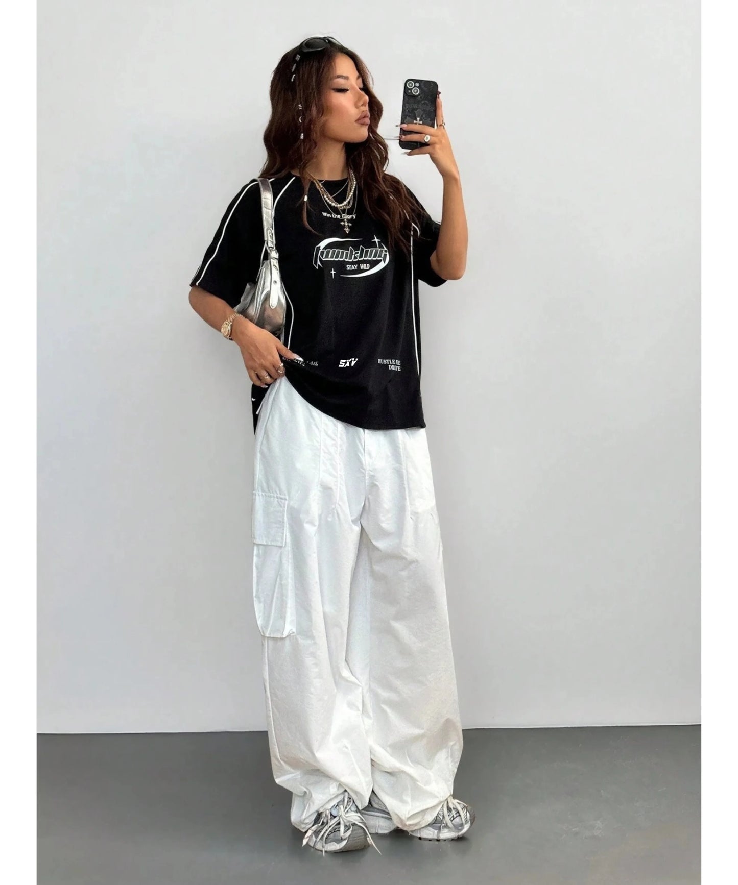 SXV Stay wild Women's Street-Style Y2K Cool Event Letter Printed Color-Blocked Short Sleeve Black T-Shirt