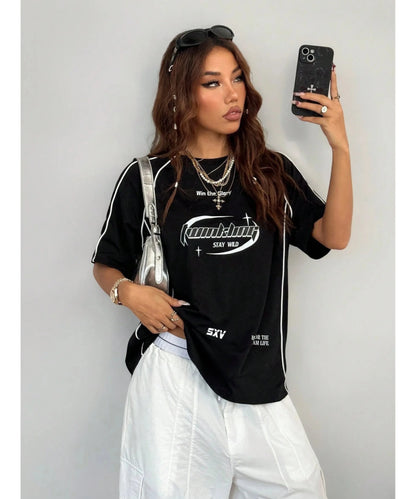 SXV Stay wild Women's Street-Style Y2K Cool Event Letter Printed Color-Blocked Short Sleeve Black T-Shirt
