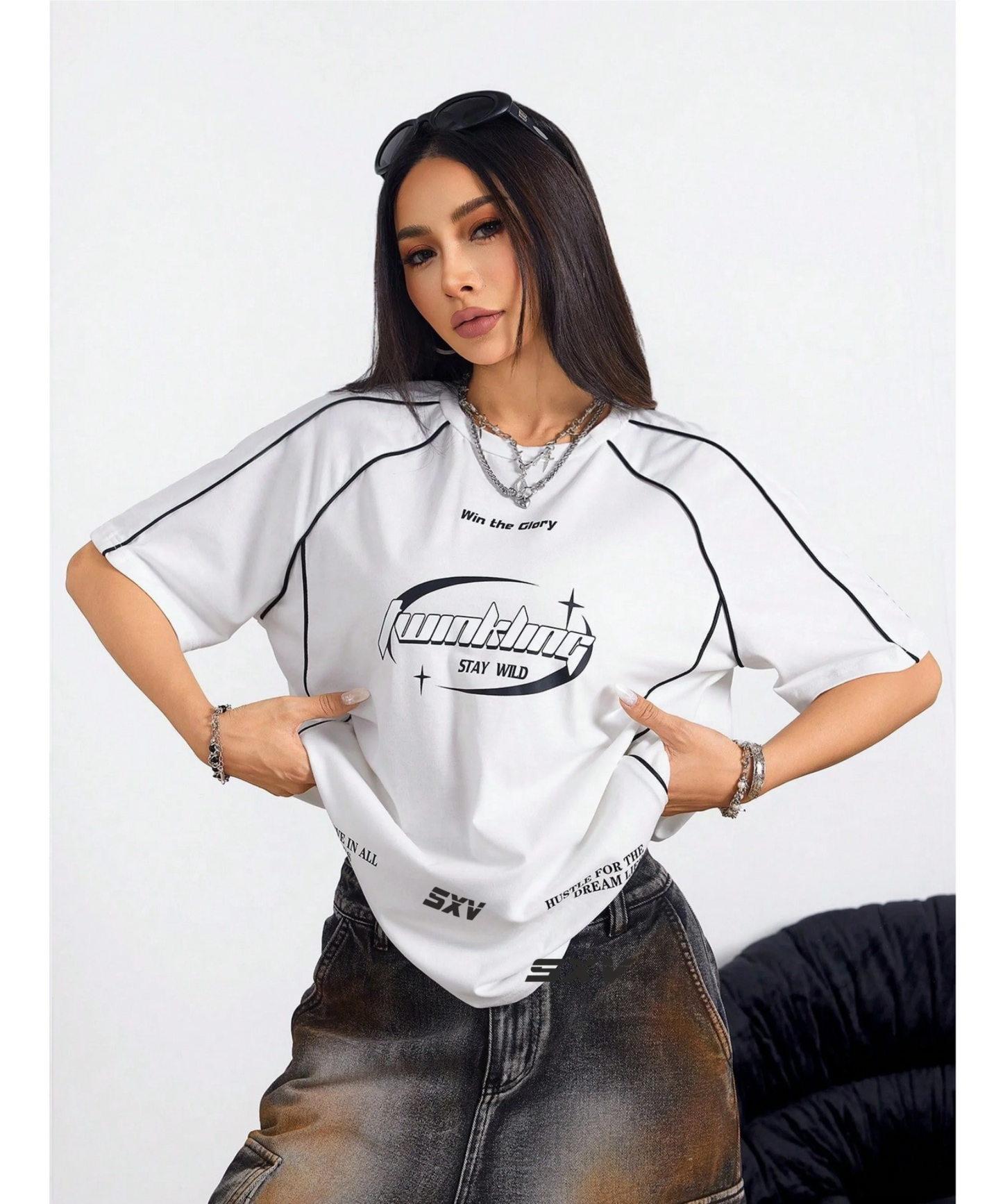 SXV Stay wild Women's Street-Style Y2K Cool Event Letter Printed Color-Blocked Short Sleeve Black T-Shirt