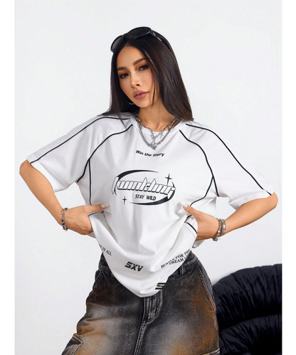 SXV Stay wild Women's Street-Style Y2K Cool Event Letter Printed Color-Blocked Short Sleeve Black T-Shirt