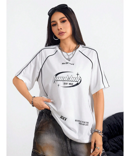 SXV Stay wild Women's Street-Style Y2K Cool Event Letter Printed Color-Blocked Short Sleeve Black T-Shirt