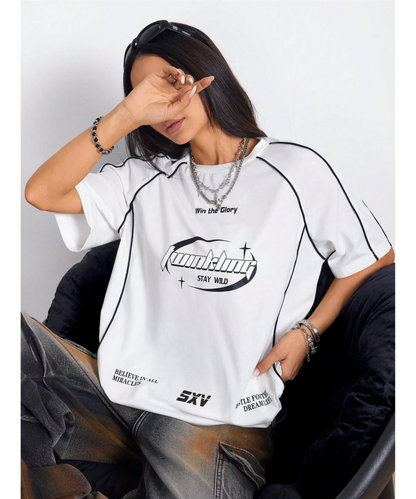 SXV Stay wild Women's Street-Style Y2K Cool Event Letter Printed Color-Blocked Short Sleeve Black T-Shirt