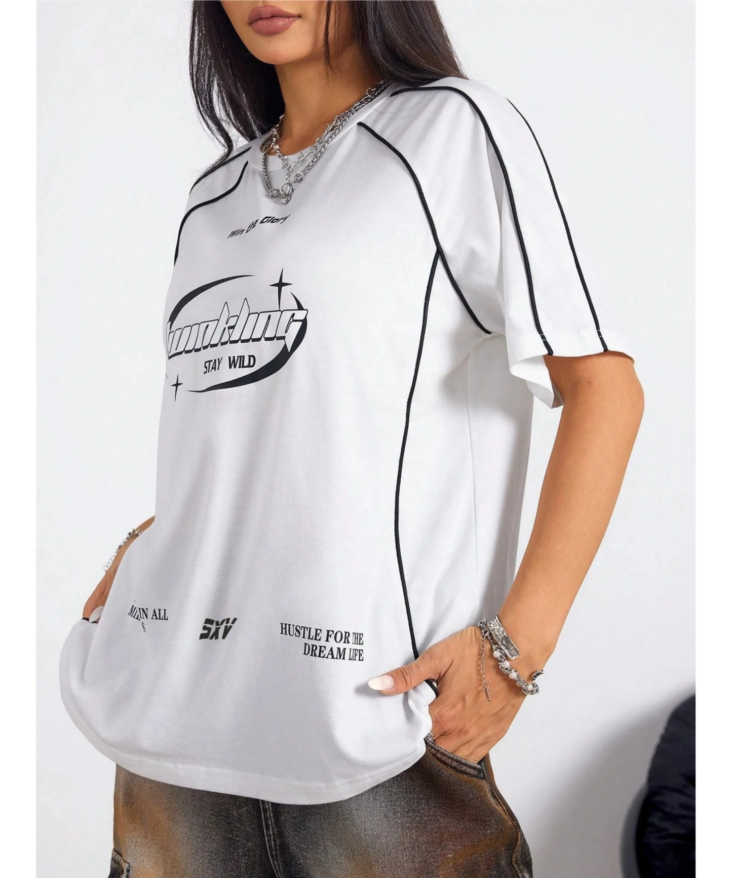 SXV Stay wild Women's Street-Style Y2K Cool Event Letter Printed Color-Blocked Short Sleeve Black T-Shirt