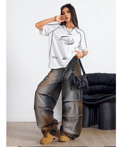 SXV Stay wild Women's Street-Style Y2K Cool Event Letter Printed Color-Blocked Short Sleeve Black T-Shirt