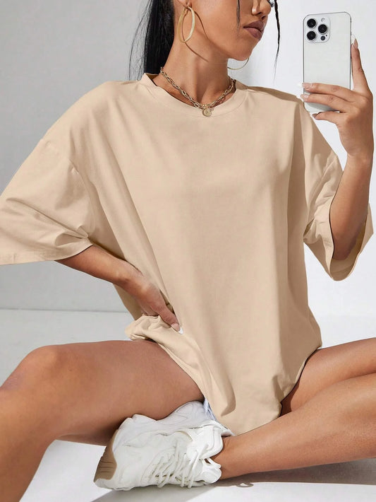 'BEIGE SOLID DROP SHOULDER OVERSIZED