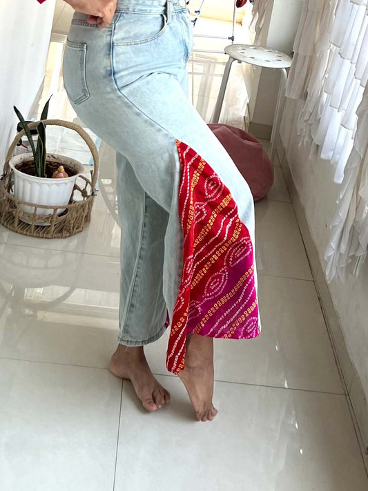 Bandhani side slit denim jeans indo western look for Navratri