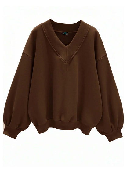 SXV V neck Letter Graphic Drop Shoulder Brown Baggy Oversized Sweatshirt