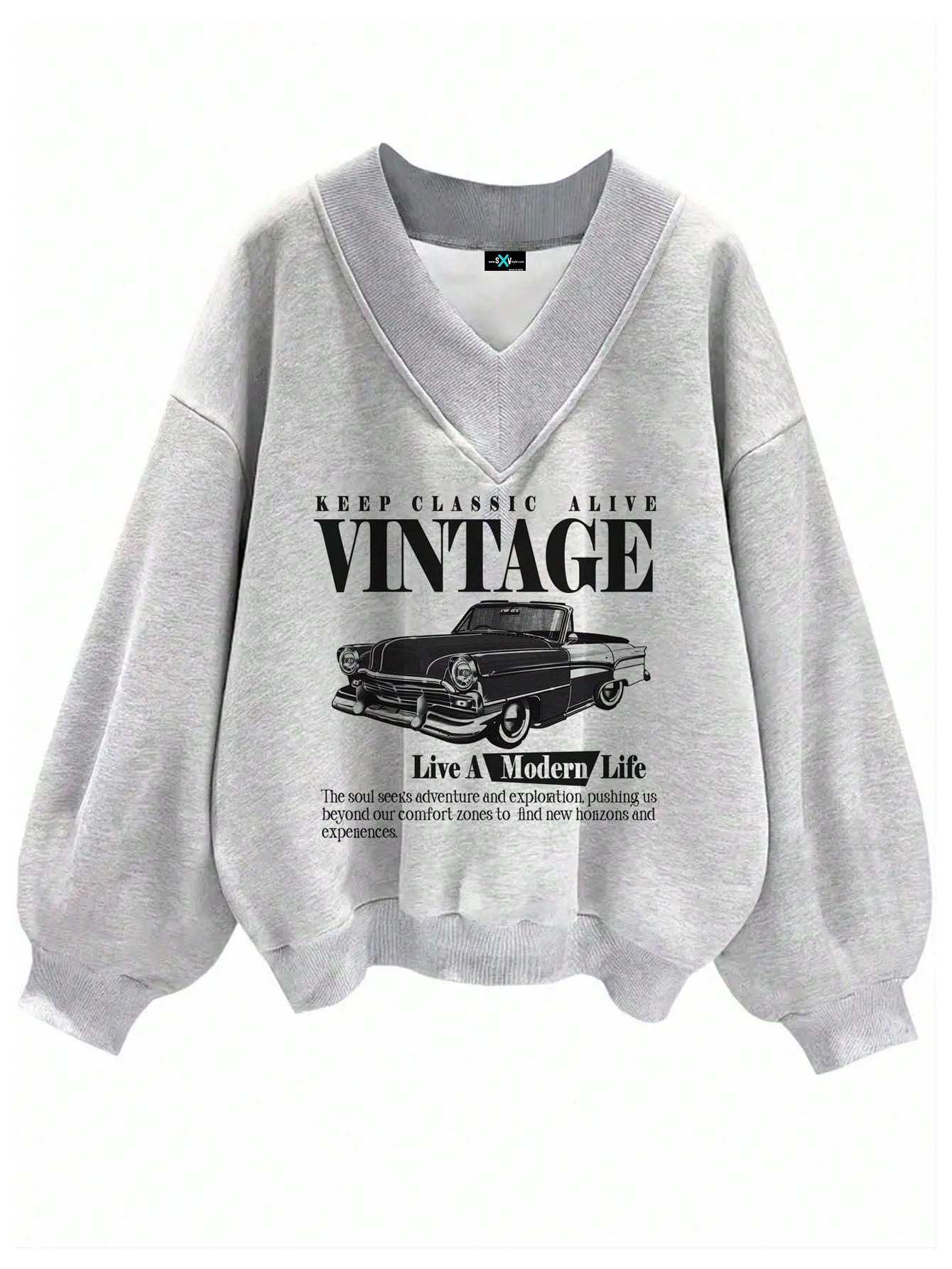 SXV VINTAGE Printed V Neck Letter Graphic Drop Shoulder Grey Baggy Oversized Sweatshirt