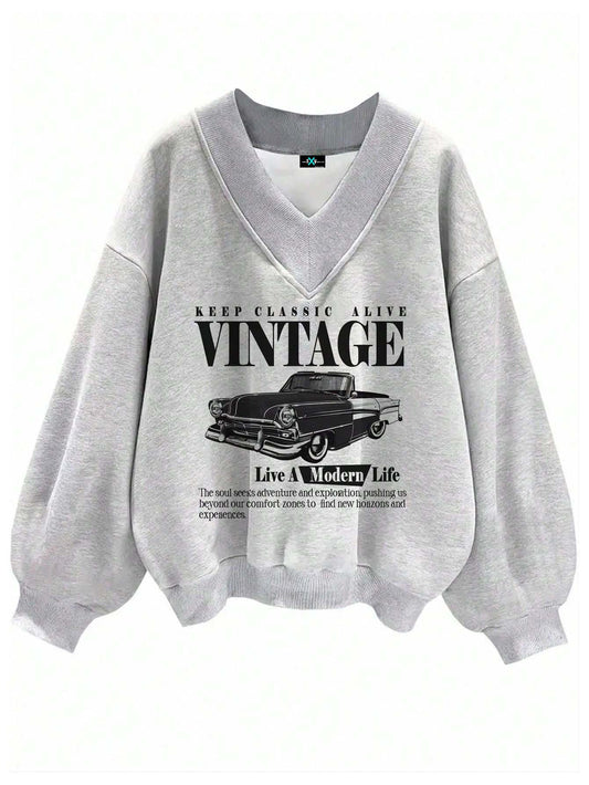 SXV VINTAGE Printed V Neck Letter Graphic Drop Shoulder Grey Baggy Oversized Sweatshirt