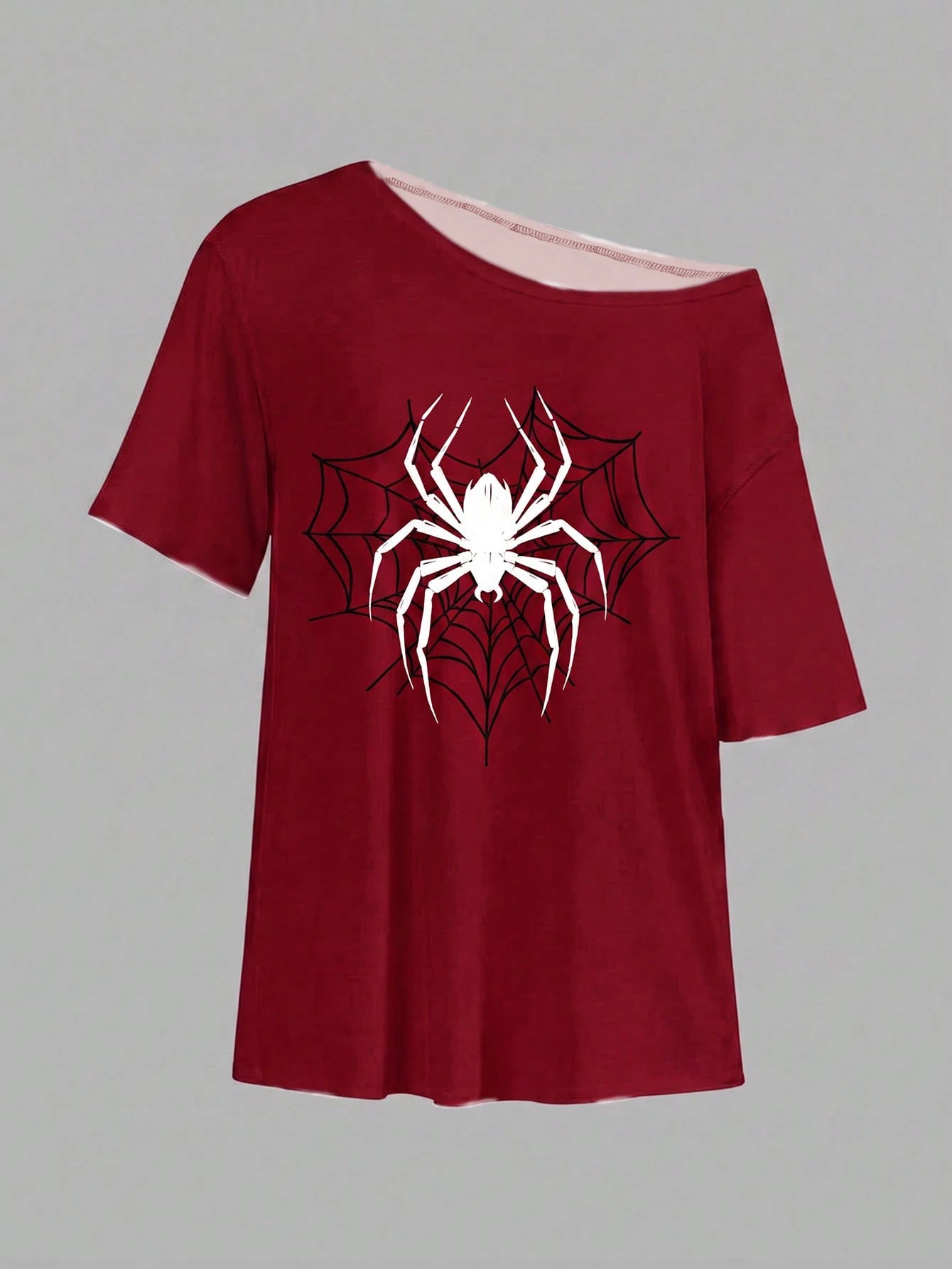 SXV SPIDER TRAP Oversized Off Shoulder Graphic Tee With Distressed Slogan Print