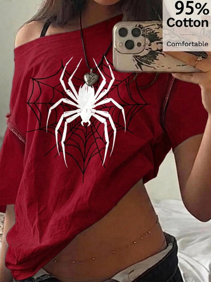 SXV SPIDER TRAP Oversized Off Shoulder Graphic Tee With Distressed Slogan Print