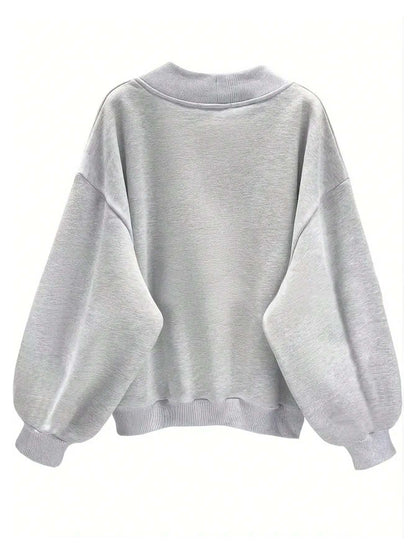 SXV VINTAGE Printed V Neck Letter Graphic Drop Shoulder Grey Baggy Oversized Sweatshirt