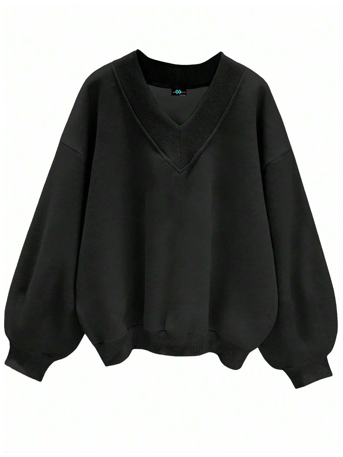 SXV V neck Letter Graphic Drop Shoulder Black Baggy Oversized Sweatshirt