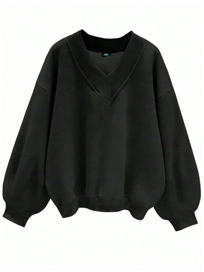 SXV V neck Letter Graphic Drop Shoulder Black Baggy Oversized Sweatshirt