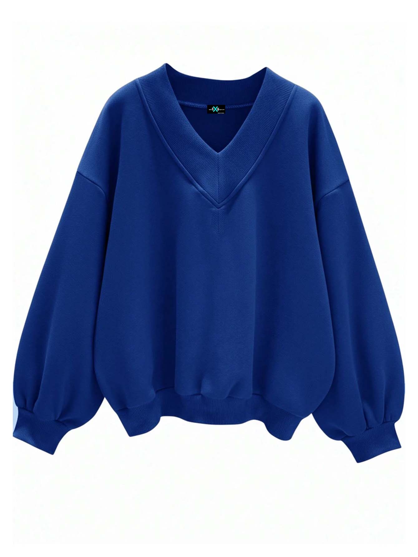 SXV V neck Letter Graphic Drop Shoulder Royal blue Baggy Oversized Sweatshirt