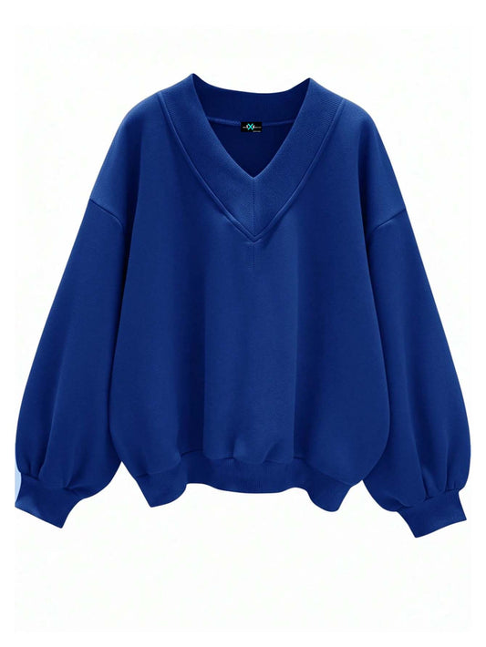 SXV V neck Letter Graphic Drop Shoulder Royal blue Baggy Oversized Sweatshirt