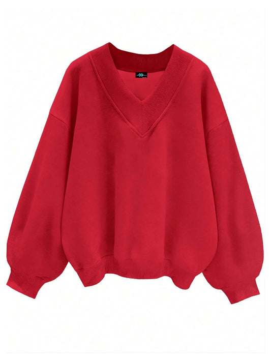 SXV V neck Letter Graphic Drop Shoulder Red Baggy Oversized Sweatshirt