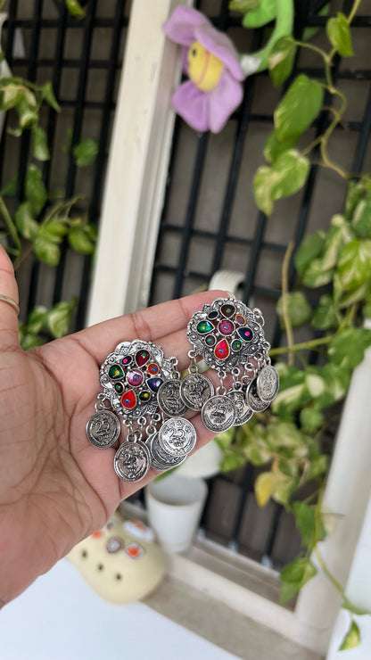 silver oxidized designer round shape Afghani choker necklace with earrings