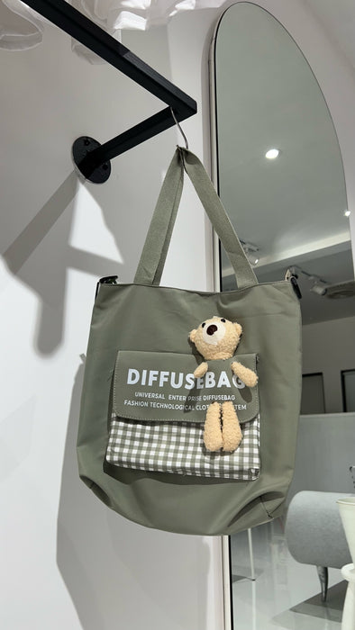 SXV "Diffusebag" canvas korean kawaii tote bag with attached teddy.