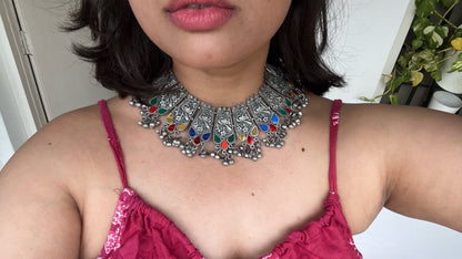 silver oxidized designer afghani choker necklace with earrings