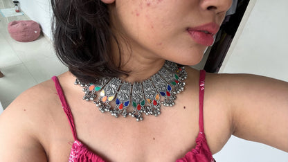 silver oxidized designer afghani choker necklace with earrings