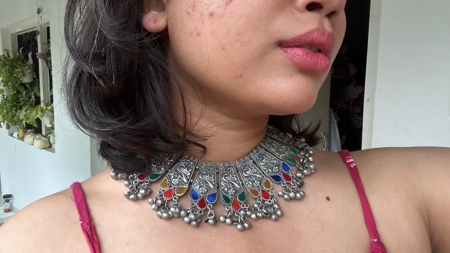 silver oxidized designer afghani choker necklace with earrings