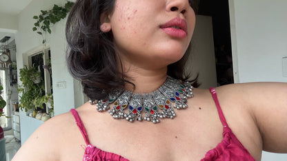 silver oxidized designer afghani choker necklace with earrings