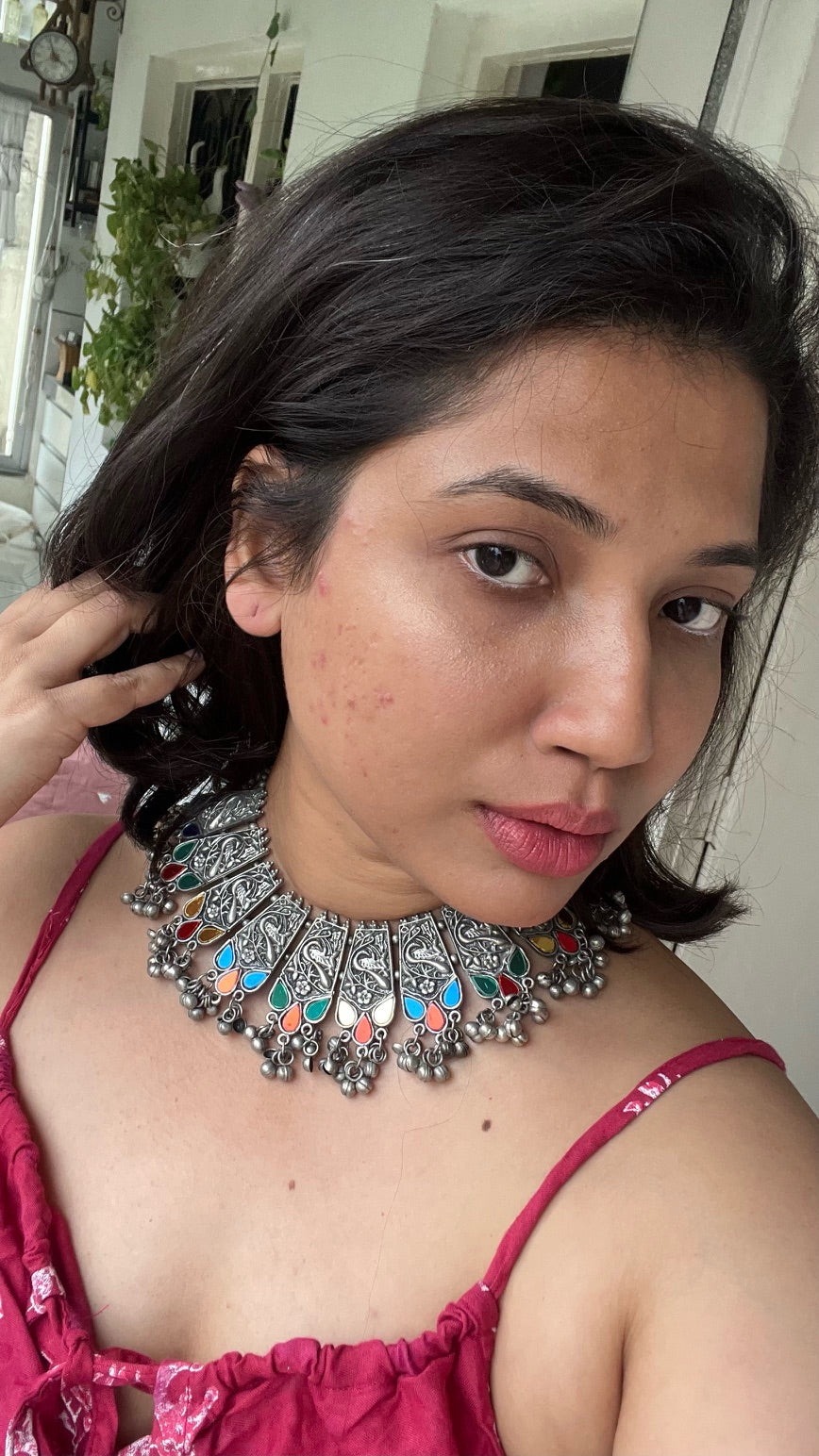 silver oxidized designer afghani choker necklace with earrings