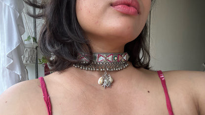 silver oxidized seashell designer hasli choker