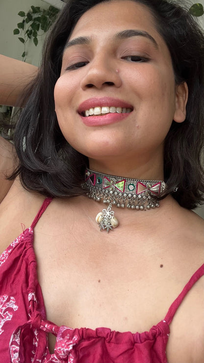 silver oxidized seashell designer hasli choker