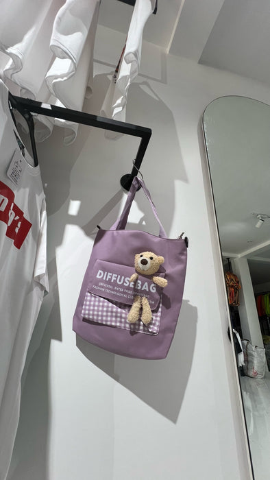 SXV "Diffusebag" canvas korean kawaii tote bag with attached teddy.