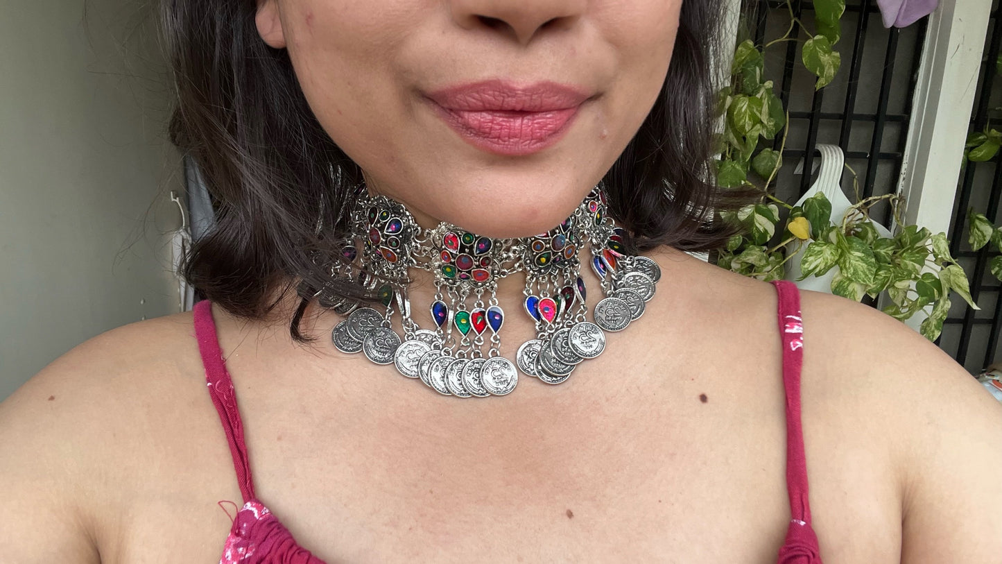 silver oxidized designer round shape Afghani choker necklace with earrings