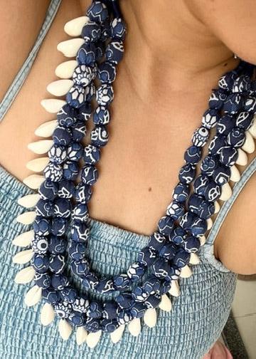 Kowdi seashell Handmade thread cotton fabric choker adjustable length necklace blue