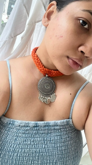 silver oxidized orange thread choker adjustable length necklace for navratri