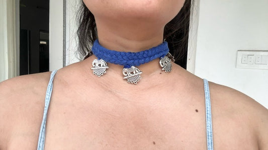 Thread cotton Handmade choker adjustable length necklace blue with elephants charms