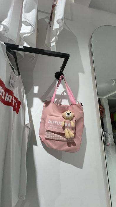 SXV "Diffusebag" canvas korean kawaii tote bag with attached teddy.