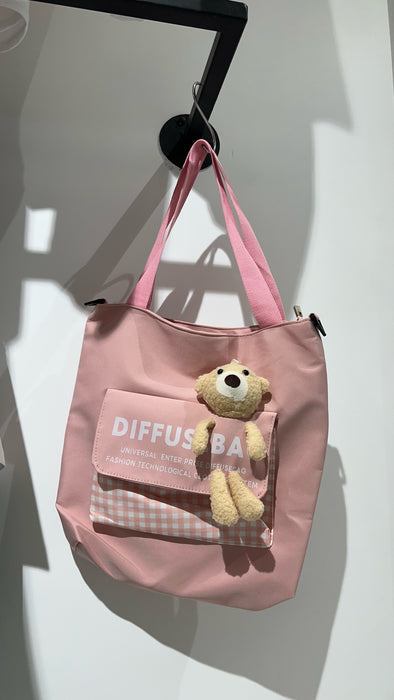 SXV "Diffusebag" canvas korean kawaii tote bag with attached teddy.