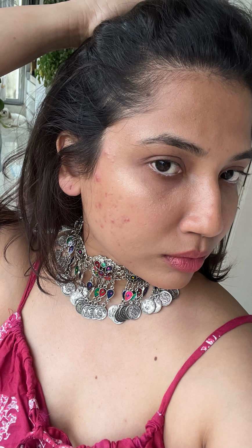 silver oxidized designer round shape Afghani choker necklace with earrings