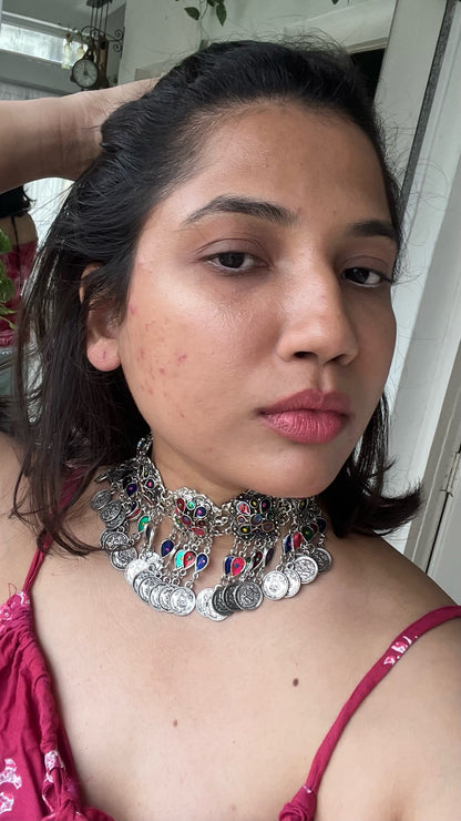 silver oxidized designer round shape Afghani choker necklace with earrings