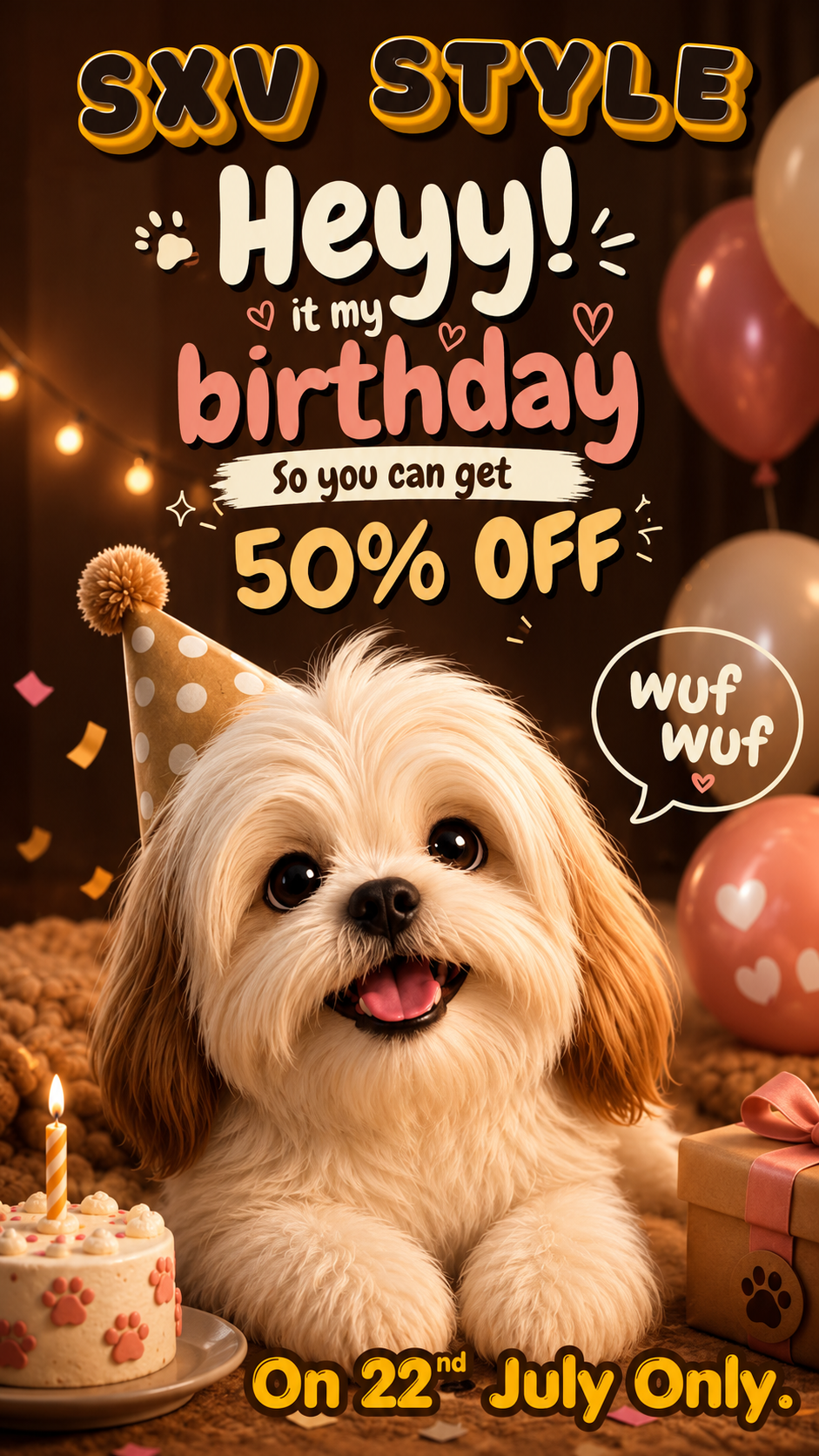 A promotional birthday graphic featuring a fluffy cream-colored dog wearing a party hat, with balloons, a small birthday cake, and bold text reading 'SXU STYLE Heyyy! it my birthday So you can get 50% OFF On 22nd July Only.'.
