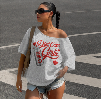 SXV Deit coke girl Oversized Off Shoulder Graphic Tee With Distressed Slogan Print