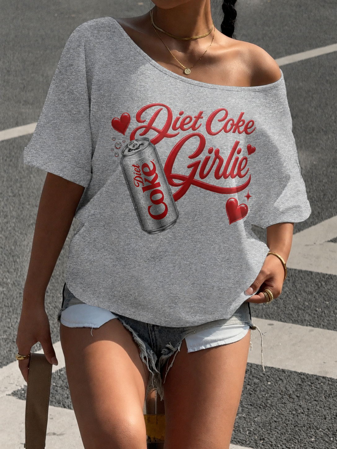 SXV Deit coke girl Oversized Off Shoulder Graphic Tee With Distressed Slogan Print