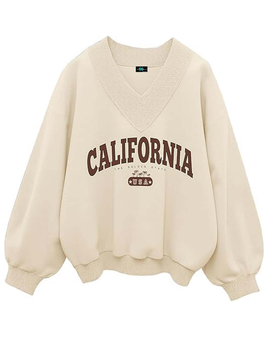 SXV CALIFORNIA Printed V neck Letter Graphic Drop Shoulder Beige Baggy Oversized Sweatshirt