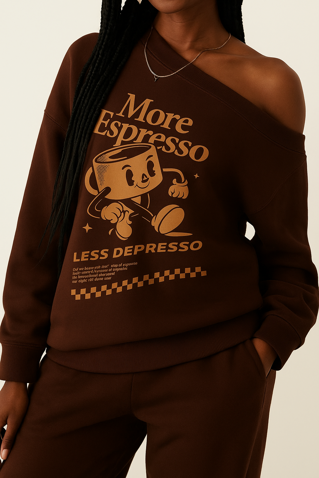 SXV more espresso less depresso Print,Women's Loose Fit&Long Length Asymmetrical Neck Pullover Sweatshirt
